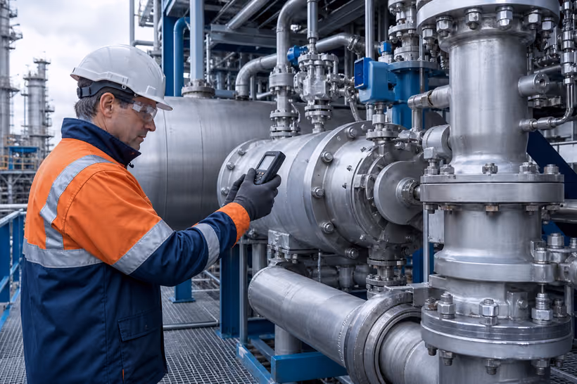 Safety technician inspecting process equipment at a chemical facility
