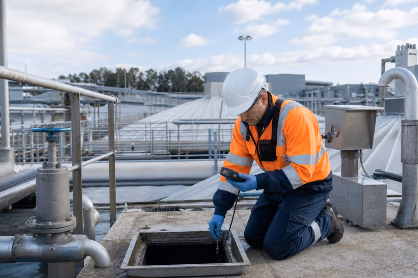 Technician testing the atmosphere at a wastewater treatment process area