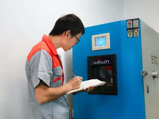Engineer recording readings at a temperature and humidity test chamber