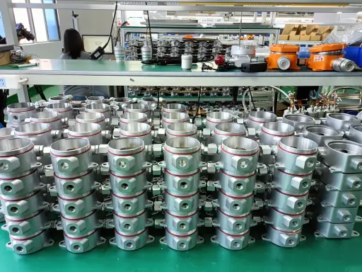 Rows of fixed gas detector housings staged on a bench
