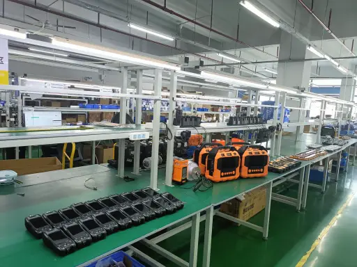 Portable gas detectors laid out on a production line bench
