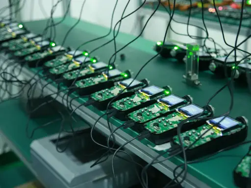 Rows of powered detector circuit boards with lit displays on a test rack