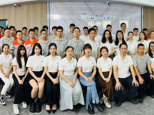 Eranntex staff group photograph in front of the company name wall