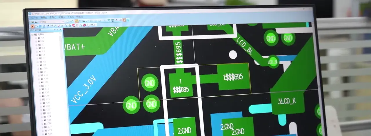 Engineer reviewing a circuit board layout on screen