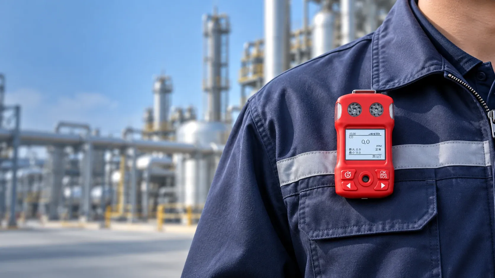 Illustrative personal gas monitoring scene with an Eranntex BTYQ-MS104K-S2 detector worn on a technician's upper chest.
