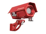 Perspective front view of the Eranntex MIC-200 series explosion-proof flame detector featuring a red flameproof cast housing, integrated sunshield, optical lens window, and multi-axis adjustable swivel mounting bracket.