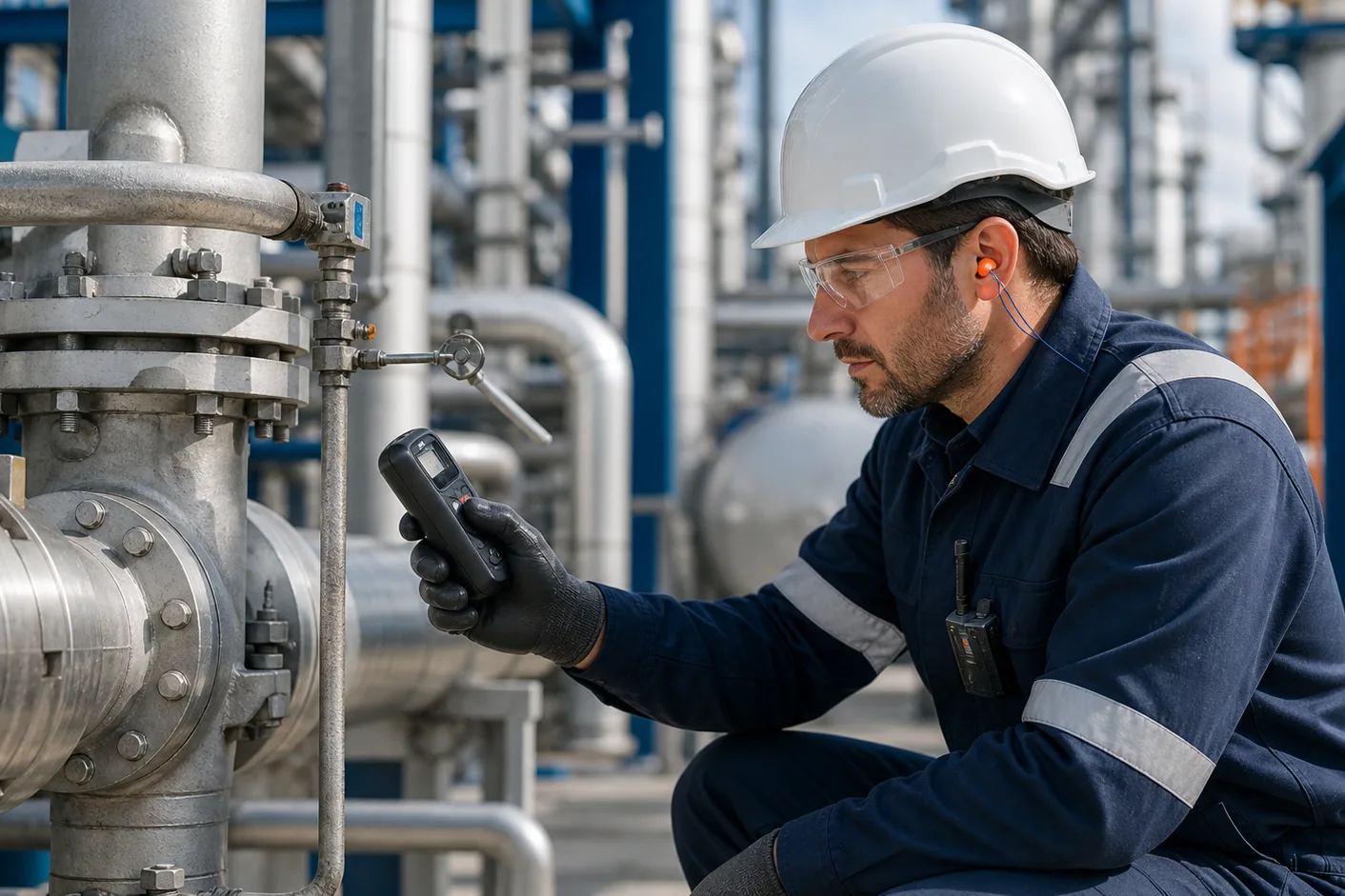 Technician checking a process valve during a gas leak inspection