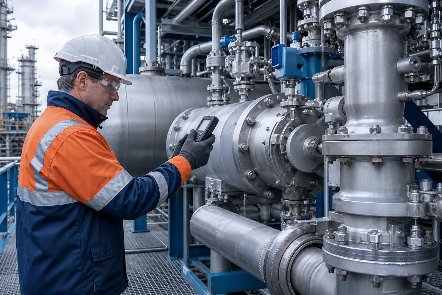 Safety technician checking industrial process equipment with a gas detector