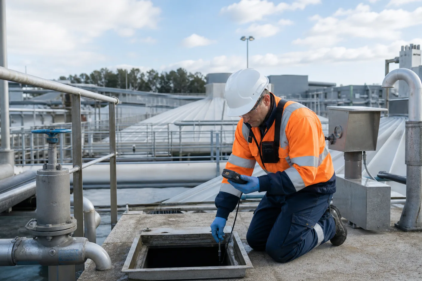 Technician testing the atmosphere at a wastewater treatment process area