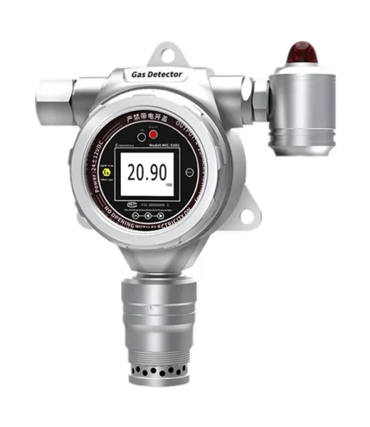 Front view of the Eranntex GTYQ-MIC-500S fixed flameproof single gas detector featuring a 1.7-inch color LCD display and integrated audio-visual alarm strobe.