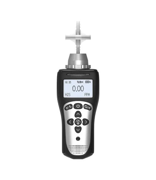 Front view of the Eranntex portable pump-suction single gas detector model BTYQ-MS104K-L shown with its fully extended telescopic sampling probe for remote gas detection.