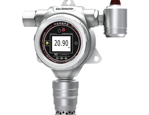 Front view of the Eranntex GTYQ-MIC-500S fixed flameproof single gas detector featuring a 1.7-inch color LCD display and integrated audio-visual alarm strobe.