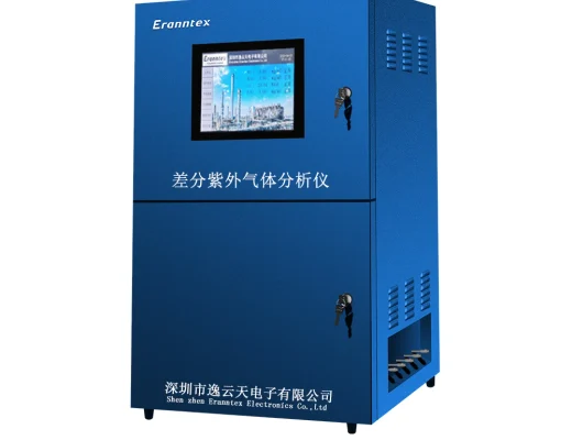 Perspective front view of the Eranntex DOAS-2000 online UV differential absorption spectrometer gas analyzer cabinet featuring a top color touchscreen and dual access panels.