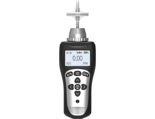 Front view of the Eranntex portable pump-suction single gas detector model BTYQ-MS104K-L shown with its fully extended telescopic sampling probe for remote gas detection.