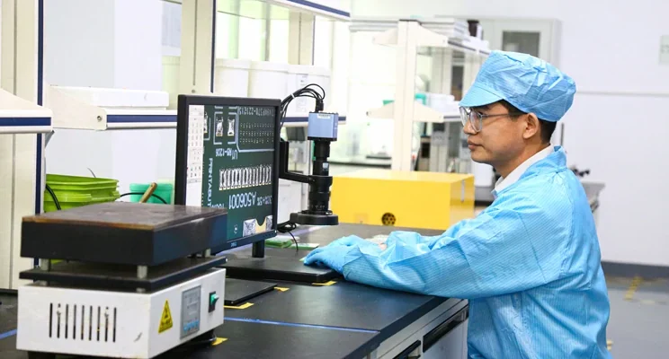 Operator working at a manufacturing inspection station