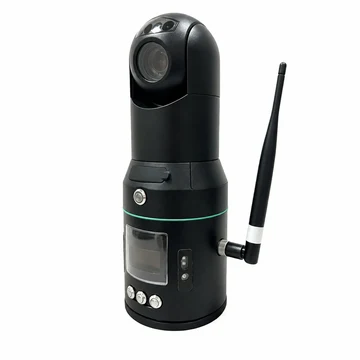 Three-quarter view of the Eranntex BTYQ-PTM600-S2 mobile PTZ gas detector with its antenna.