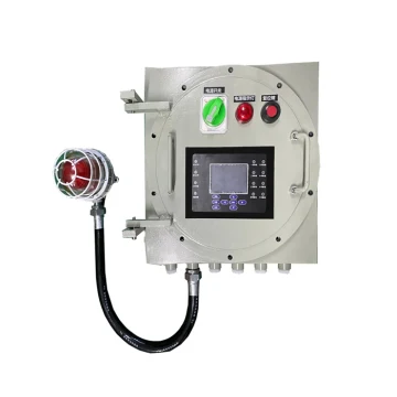 Front view of the Eranntex MIC-2000-Ex explosion-proof gas alarm controller with heavy-duty circular flanged door, 3.5-inch color LCD display, external alarm beacon, and bottom cable glands.
