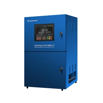 Perspective front view of the Eranntex TH-2000-C gas online monitoring pretreatment system cabinet featuring a digital HMI screen, dual lockable compartments, and side cooling louvers.