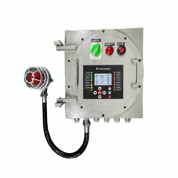 Eranntex MIC-1000-Ex gas alarm controller with an LCD, status indicators, navigation keys, circular flanged enclosure and external alarm beacon.