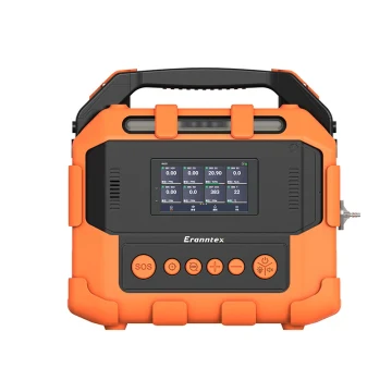 Front view of the Eranntex BTYQ-PTM600-S portable pump-suction multi-gas analyzer with rugged orange casing, Android smart display, and support for 1 to 24 gases.