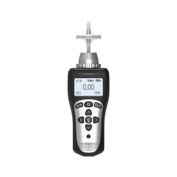 Front view of the Eranntex portable pump-suction single gas detector model BTYQ-MS104K-L shown with its fully extended telescopic sampling probe for remote gas detection.