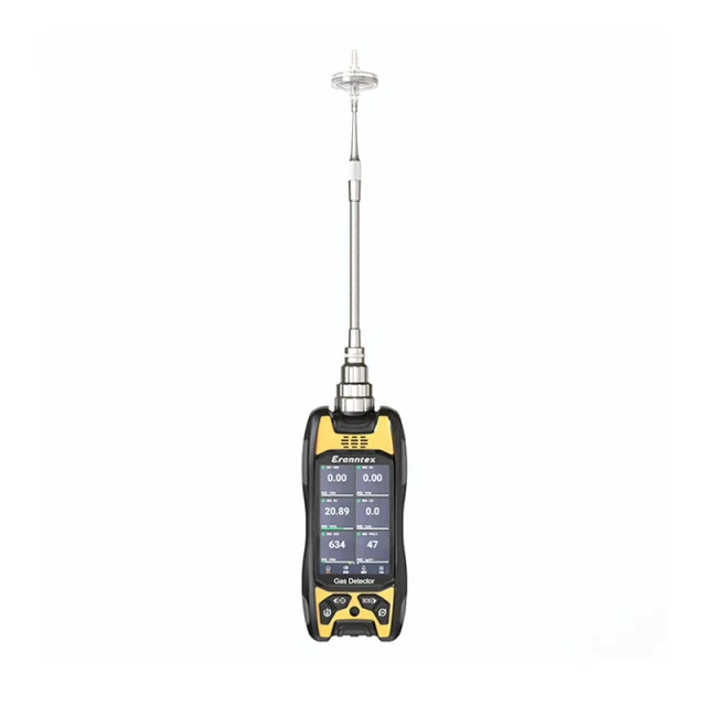 Front view of the BTYQ-MS600-S portable multigas detector with a 3.5-inch touchscreen and extended sampling probe.