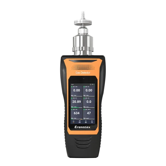 Front view of the Eranntex 2024 flagship Android-powered pump-suction multi-gas detector model BTYQ-MS600-S2 supporting 1 to 10 gas customization with an advanced smart touch display.