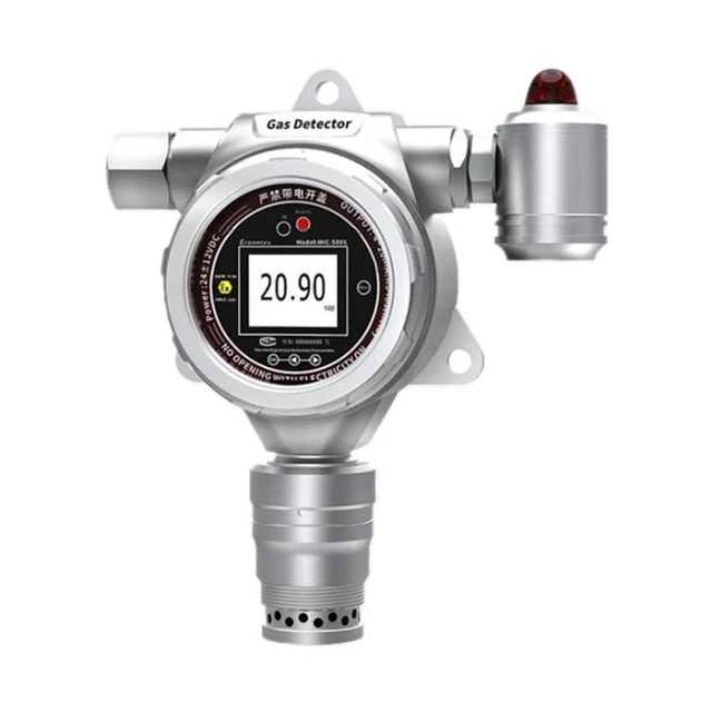 Front view of the Eranntex GTYQ-MIC-500S fixed flameproof single gas detector featuring a 1.7-inch color LCD display and integrated audio-visual alarm strobe.