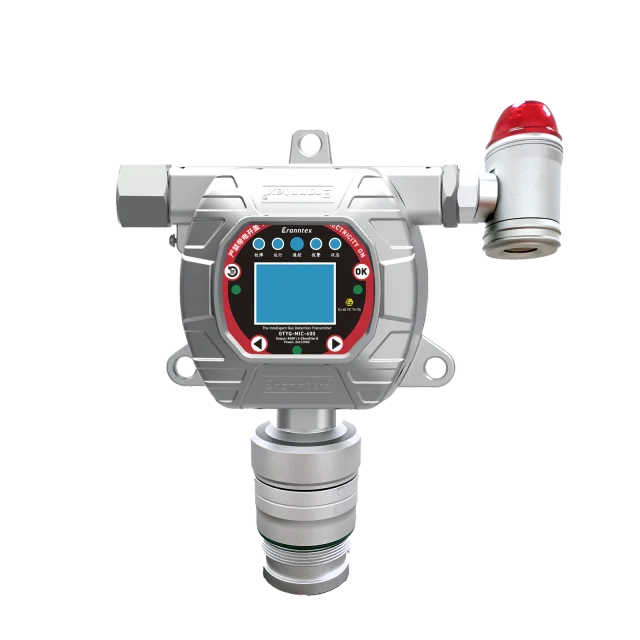 Eranntex GTYQ-MIC-600-CB fixed gas detector with a silver enclosure and audible and visual alarm.