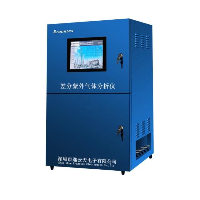 Perspective front view of the Eranntex DOAS-2000 online UV differential absorption spectrometer gas analyzer cabinet featuring a top color touchscreen and dual access panels.