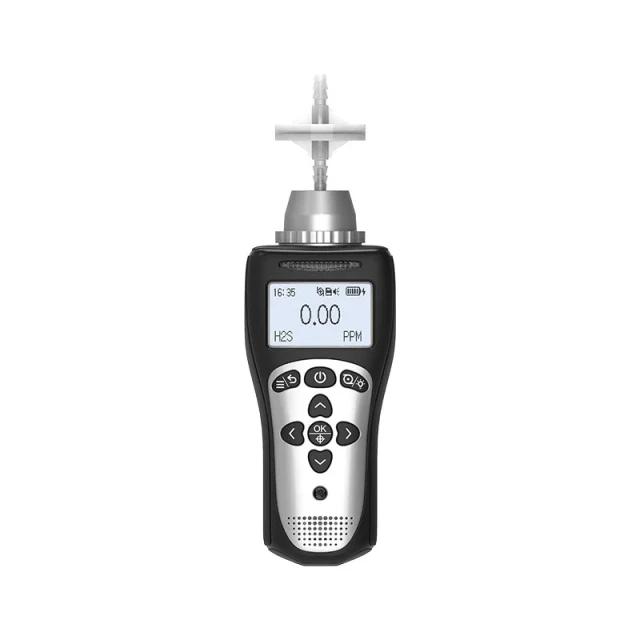 Front view of the Eranntex portable pump-suction single gas detector model BTYQ-MS104K-L shown with its fully extended telescopic sampling probe for remote gas detection.