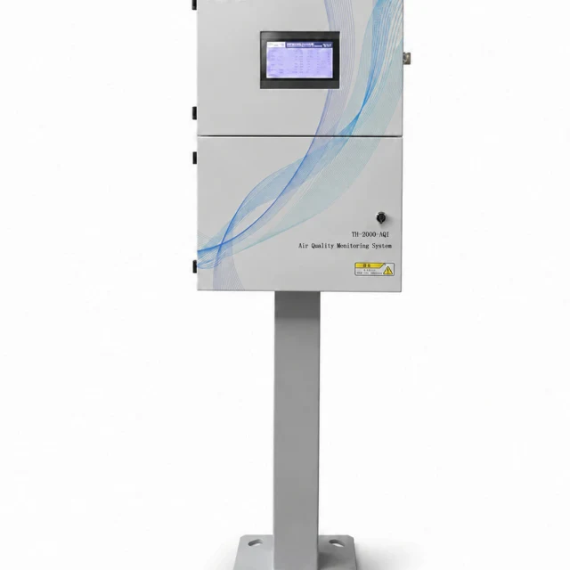 Front view of the Eranntex TH-2000-AQI air quality monitoring station with a display and enclosed metal pedestal.