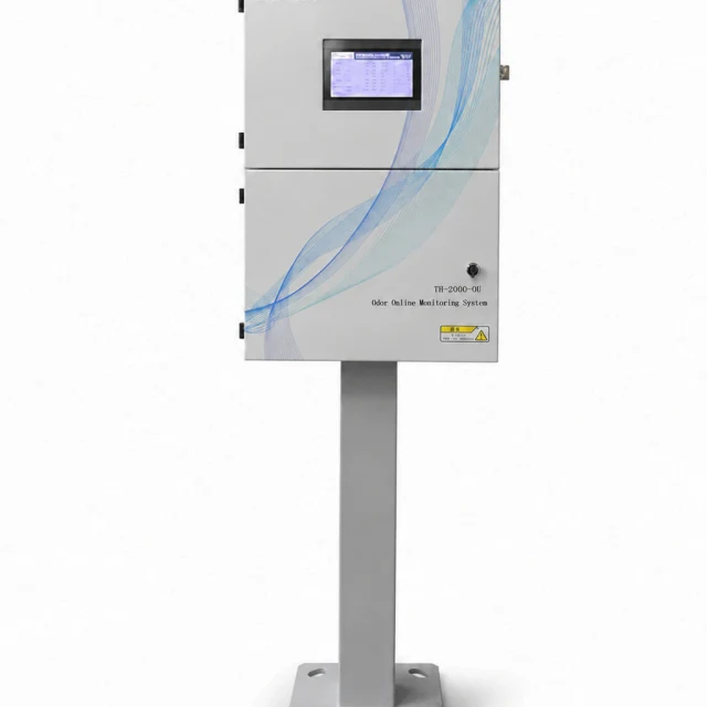 Front view of the Eranntex TH-2000-OU odor monitoring station with a display and enclosed metal pedestal.