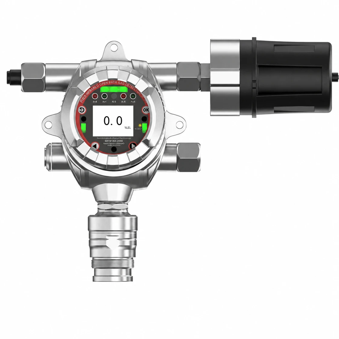 Front-side view of the Eranntex GTYQ-MIC-500S-CB-IR2 fixed infrared gas detector and optical assembly.