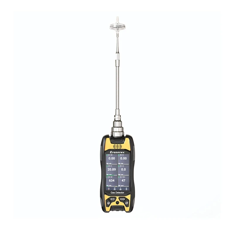 Front view of the BTYQ-MS600-S portable multigas detector with a 3.5-inch touchscreen and extended sampling probe.