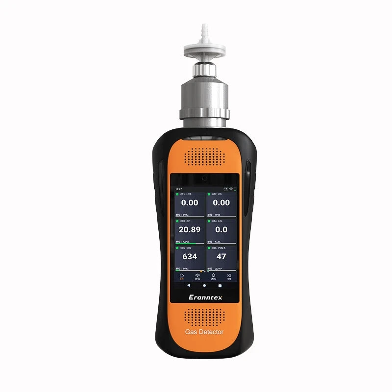 Front view of the Eranntex 2024 flagship Android-powered pump-suction multi-gas detector model BTYQ-MS600-S1 supporting 1 to 6 gas customization with a smart touch display.