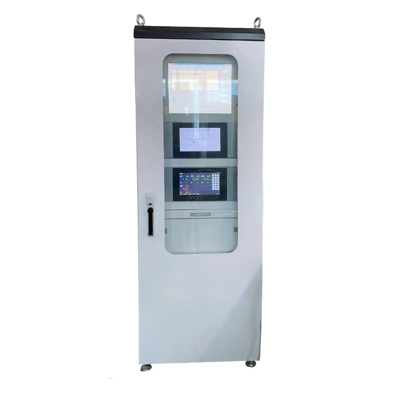 Front view of the Eranntex DOAS-3000 online CEMS differential optical absorption spectrometer gas analyzer cabinet featuring a clear glass observation door and multi-tier monitoring displays.