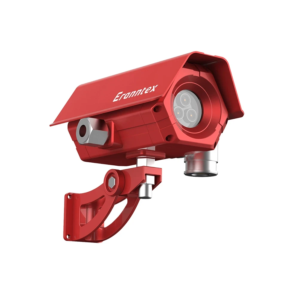 Perspective front view of the Eranntex MIC-200 series explosion-proof flame detector featuring a red flameproof cast housing, integrated sunshield, optical lens window, and multi-axis adjustable swivel mounting bracket.