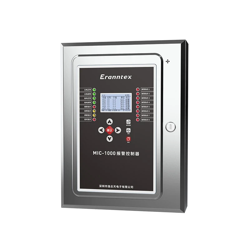 Front view of the Eranntex MIC-1000 wall-mounted gas alarm controller featuring a stainless steel enclosure, 3.5-inch color display, status indicators, and multi-channel input support.