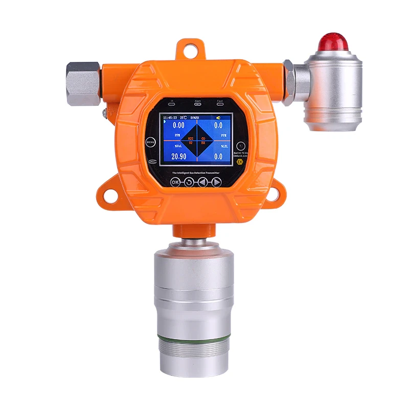 Eranntex GTYQ-MIC-600 fixed gas detector with an orange enclosure and audible and visual alarm.