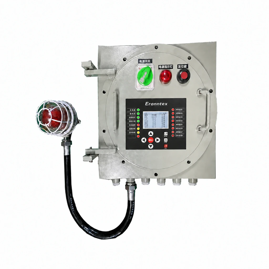 Eranntex MIC-1000-Ex gas alarm controller with an LCD, status indicators, navigation keys, circular flanged enclosure and external alarm beacon.