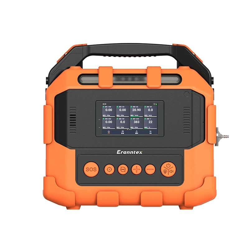 Front view of the Eranntex BTYQ-PTM600-S portable pump-suction multi-gas analyzer with rugged orange casing, Android smart display, and support for 1 to 24 gases.