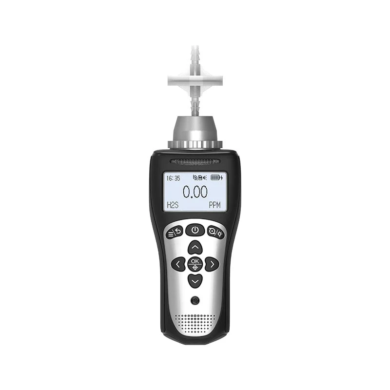Front view of the Eranntex portable pump-suction single gas detector model BTYQ-MS104K-L shown with its fully extended telescopic sampling probe for remote gas detection.