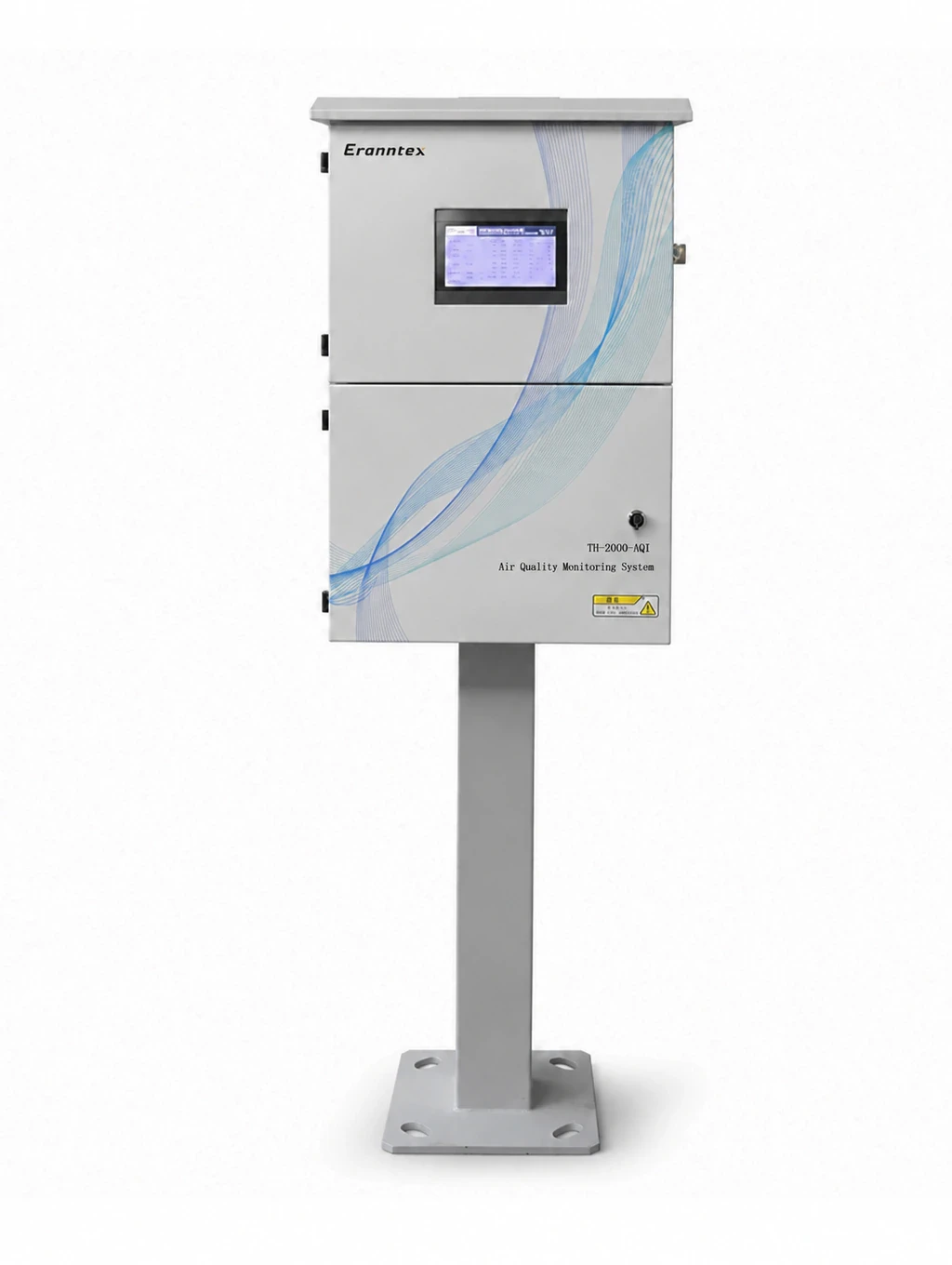 Front view of the Eranntex TH-2000-AQI air quality monitoring station with a display and enclosed metal pedestal.