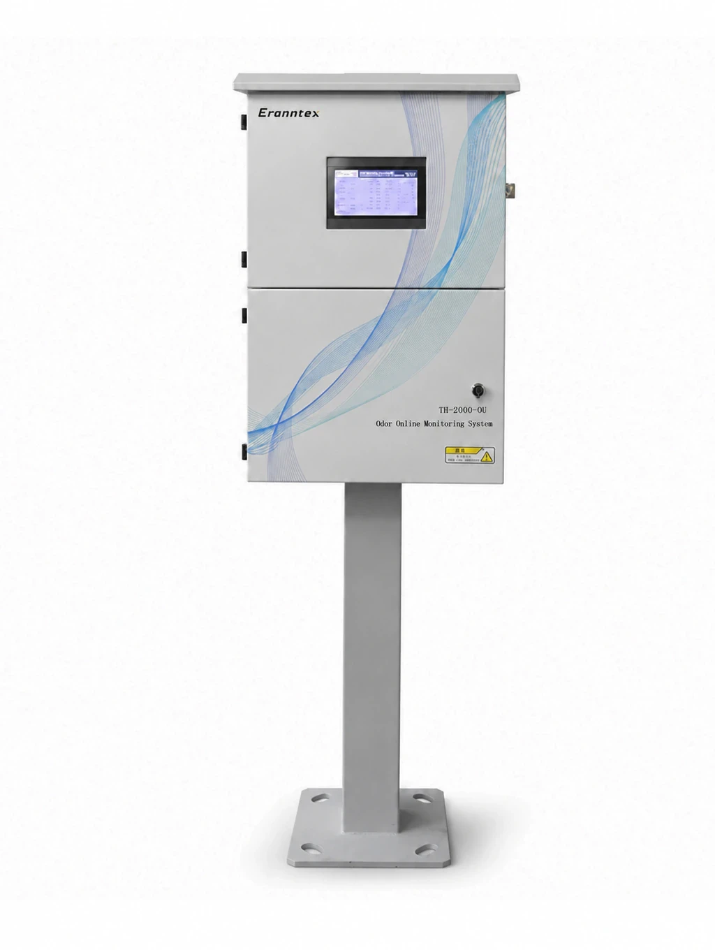 Front view of the Eranntex TH-2000-OU odor monitoring station with a display and enclosed metal pedestal.