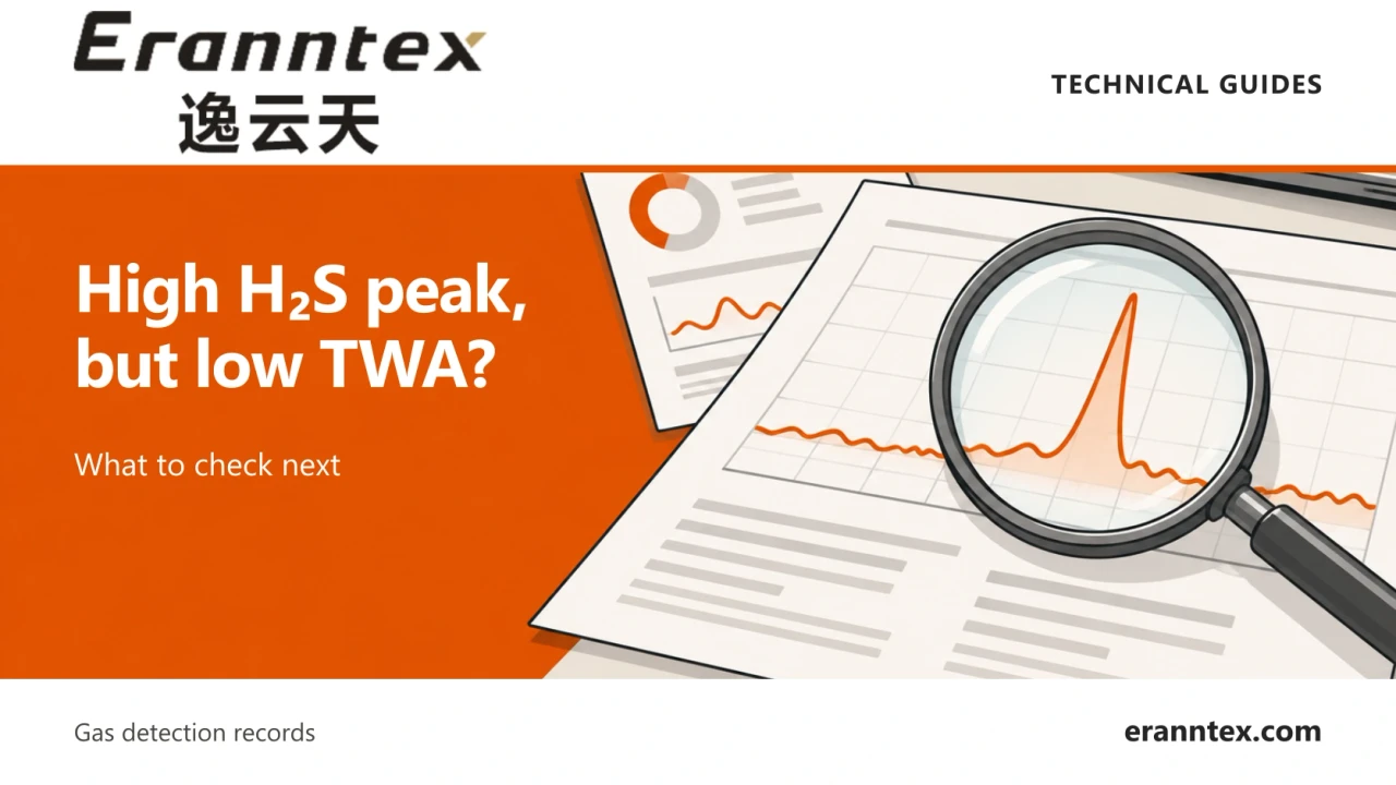 Eranntex technical guide: High H₂S peak, but low TWA? A magnifying glass inspects an illustrative peak in monitoring records.