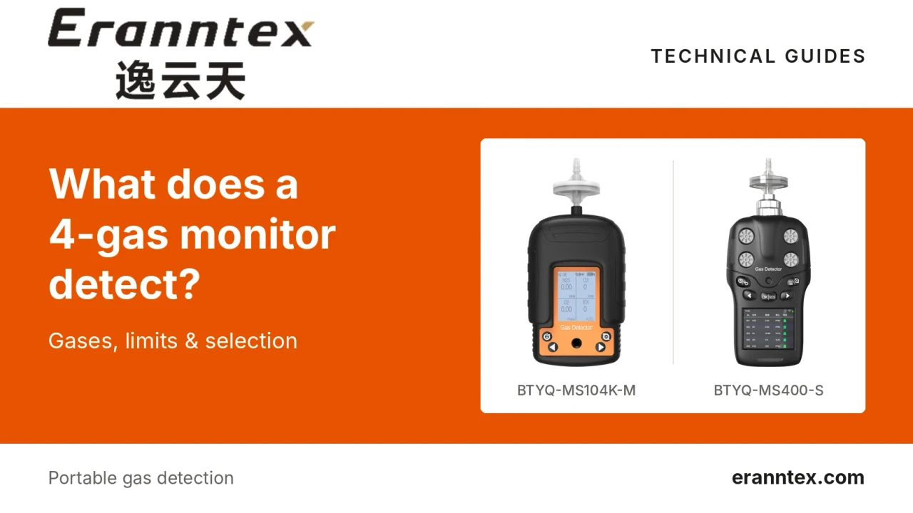 Eranntex technical guide cover: What does a 4-gas monitor detect? Product photographs of the BTYQ-MS104K-M and BTYQ-MS400-S portable gas detectors.