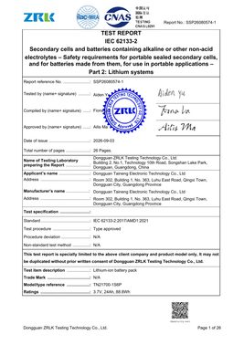 Preview of TN21700-1S6P 24 Ah battery pack IEC 62133-2 test report SSP26080574-1